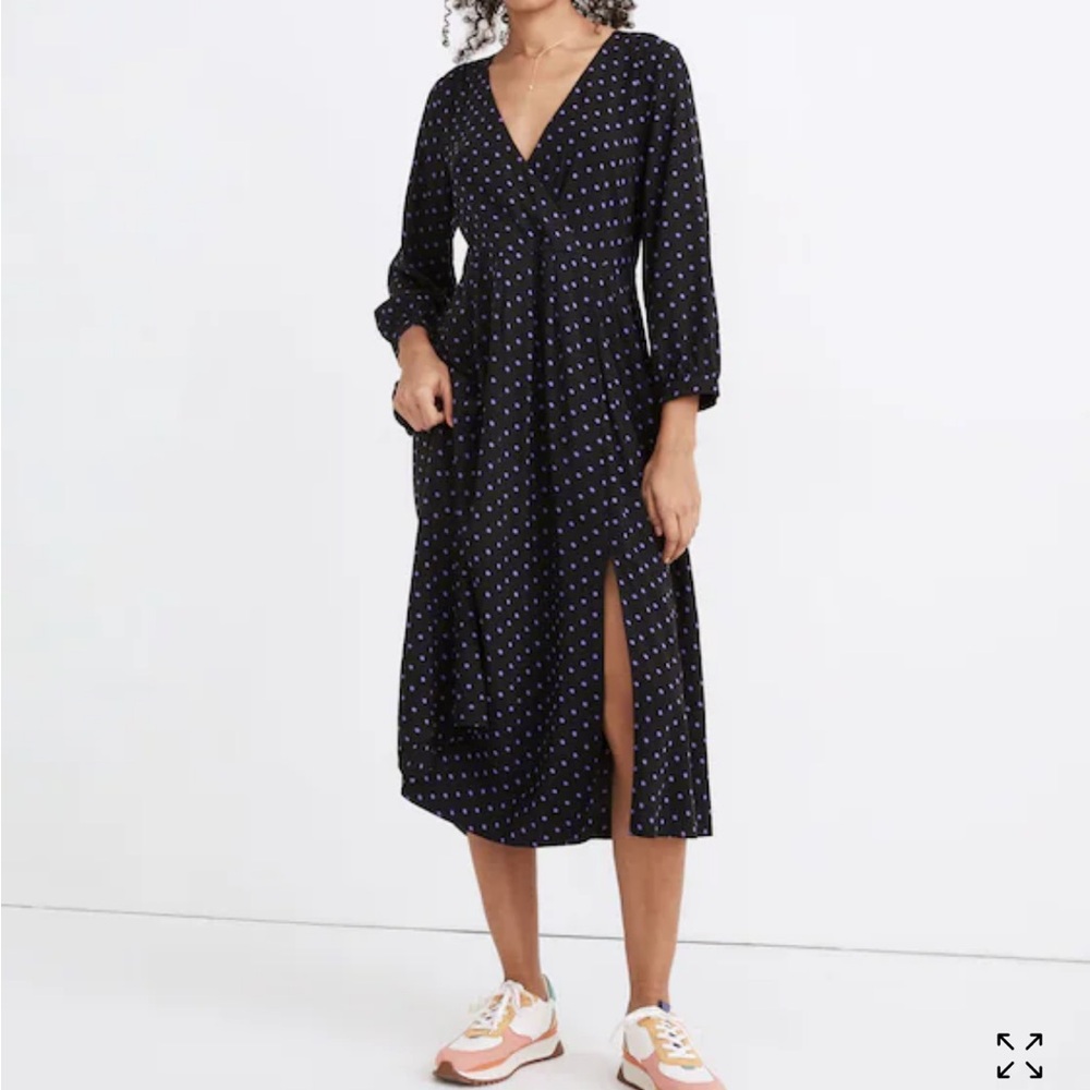 Madewell Black & Purple Long Sleeve Faux Wrap Polka Dot Dress- XS